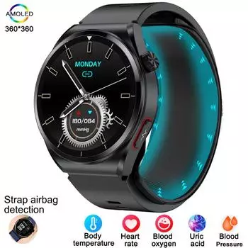 2025 НОВЫЕ Смарт-часы GT5 Тонометр с воздушным насосом, Пульсометр, Термометр, Наручный ремешок с воздушной подушкой, Напоминание о звонках, Часы для здоровья чёрный