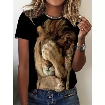 2025 Новая 3D-печать тигра Свободный летний повседневный женский модный уличный топ с короткими рукавами S