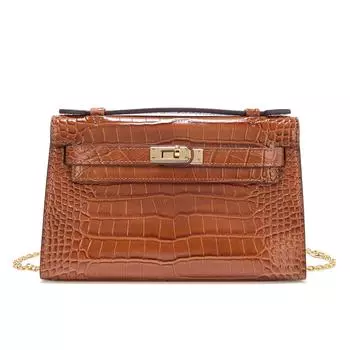 2025 Новая элегантная ручная банкетная сумка с крокодиловым узором, сумка-цепочка, кожаная мини-сумка через плечо, женская сумка 22x8x14cm коричневый