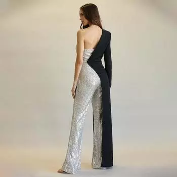 2025 новая электронная коммерция женская одежда серебряный сращивание блестками плечо модный блестками комбинезон S