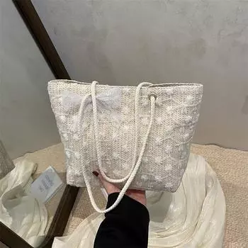 2025 новая летняя модная сумка через плечо из соломенного кружева женская сумка-ведро большой вместимости белый