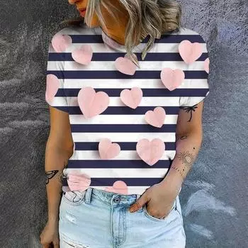 2025 Новая летняя женская одежда с розовым сердечком и черно-белыми полосками, свободная футболка с коротким рукавом, удобные топы S-5XL S