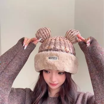 2025 новая милая вязаная шерстяная шапка с ушками медведя детская осенне-зимняя теплая полосатая шапка с ушками в тон M56-58cm бежевый