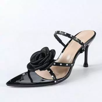 2025 Новая Мода Босоножки в Горошек с Задним Ремешком Женские Черные Остроносые с Открытым Носком Цветы Высокий Каблук Летние Вечерние Туфли 35 чёрный