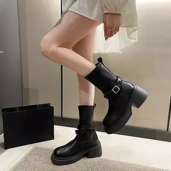 2025 Новая мода весна и осень Новая мода повседневные элегантные круглые носки на высоком квадратном каблуке короткие удобные женские сапоги 35 чёрный