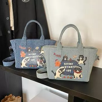 2025 Новая модная джинсовая сумка-ведро с принтом мультяшного кота, универсальная повседневная сумка через плечо большой вместимости для женщин синий