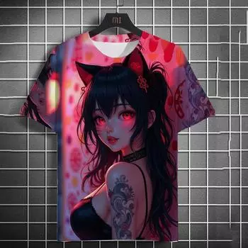 2025 Новая мужская футболка с рисунком аниме-девушки, 3D-принт, летний топ с коротким рукавом, модная повседневная футболка большого размера S