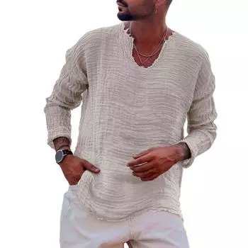 2025 Новая мужская повседневная блузка из хлопка и льна, свободные топы, футболка с длинным рукавом, весна-осень, повседневные красивые мужские рубашки M