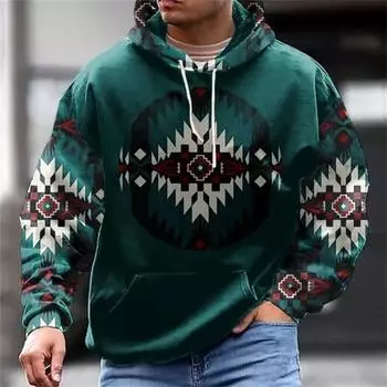 2025 Новая мужская толстовка с капюшоном Осень-Зима 3D Цифровой Принт Пуловер с капюшоном Длинный рукав Свитер Этнический Пальто на Шнурке Топы Оверсайз S