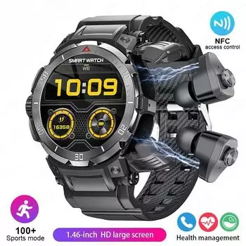 2025 Новая NFC 2 в 1 Bluetooth-гарнитура Смарт-часы TWS Музыкальный разговор с наушниками 4 часа мощных звуковых эффектов Любитель музыки Мужские смарт-часы чёрный