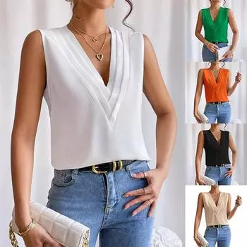 2025 Новая однотонная футболка без рукавов с индивидуальным V-образным вырезом для женщин S белый