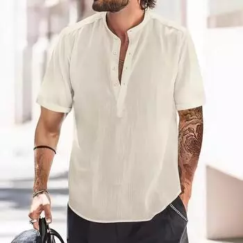 2025 Новая однотонная повседневная модная дышащая футболка с V-образным вырезом и коротким рукавом для мужчин S белый