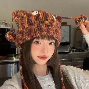 2025 новая осенне-зимняя теплая и холодная шапка для защиты ушей ручной работы из ниток, милая и забавная цветная шерстяная вязаная шапка для женщин M56-58cm