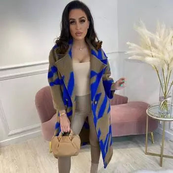 2025 новая осенняя женская одежда, разнообразная цветовая гамма, модный пиджак с длинными рукавами и лацканами, шерстяное пальто с принтом S