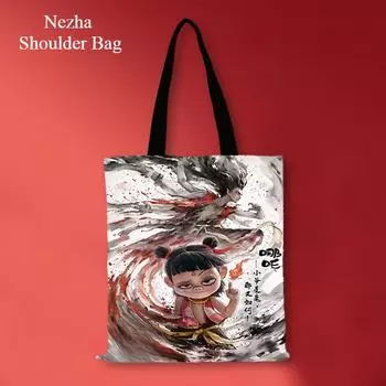2025 Новая популярная холщовая сумка Nezha, потрясающая сумка через плечо с мультяшным принтом, портативная сумка для покупок большой вместимости, сумка с односторонней печатью для взрослых и детей 37*34*1cm