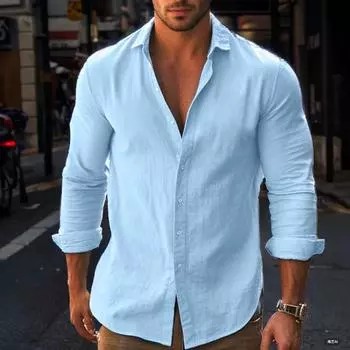 2025 Новая повседневная однотонная рубашка с длинным рукавом из хлопка с лацканами и пряжкой, с длинным рукавом, пляжная рубашка, топ S белый