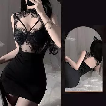 2025 Новая прозрачная облегающая юбка, черная сексуальная сетчатая ночная рубашка с кружевной отделкой, домашнее платье для сна с подкладкой на бретелях S