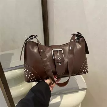 2025 новая ретро-сумка с заклепками в виде полумесяца, модная крутая сумка для подмышек, персонализированная сумка через плечо высокого класса чёрный