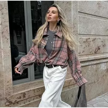 2025 Новая розовая винтажная свободная клетчатая женская рубашка, модная офисная женская блузка с длинным рукавом и лацканами, ретро-топы, женская одежда S розовый