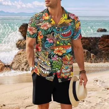 2025 Новая рубашка с принтом Tiki Shirt Men Hawaiian Shirts Mens Retro Mens Plus Size Shirt Casual Short Sleeve Beach Bloose Male Tops S