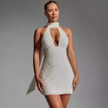 2025 новая сексуальная модная женская одежда, расшитая блестками и бисером, с глубоким вырезом на шее, платье-халтер на бедрах, женское платье S чёрный