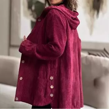 2025 Новая свободная женская вельветовая повседневная куртка с капюшоном S бордовый