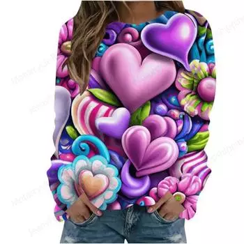 2025 Новая толстовка с капюшоном Love Heart 3D Print Женская мода с круглым вырезом Рождественские толстовки с капюшоном Толстовка с цветочным принтом Подарочная одежда на День святого Валентина S