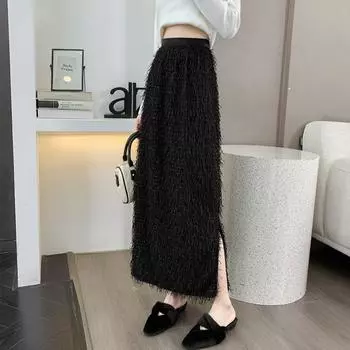 2025 новая юбка Mao Mao с кисточками, средняя и длинная юбка А-образного силуэта, тонкая и универсальная средняя и длинная юбка one size fits all абрикосовый