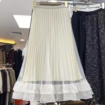 2025 новая юбка-плиссе с высокой талией, модная юбка высокого класса, темпераментная юбка, сращивание, юбка А-образной формы, средняя и длинная one size fits all абрикосовый