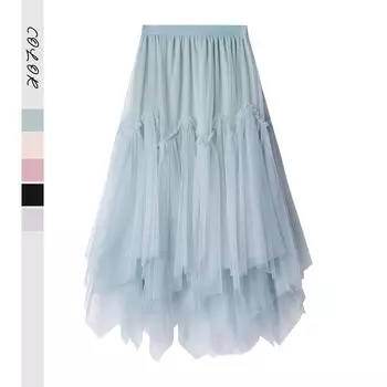 2025 новая юбка с высокой талией, тонкая, средней и длинной, нерегулярной двухслойной сетчатой строчкой, женская пушистая юбка из пряжи One Size зелёный