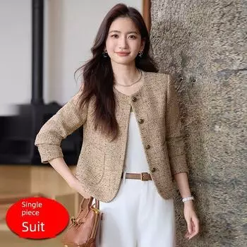 2025 Новая Весна и Осень Темперамент Кофейный Цвет Изящная Верхняя Одежда Женский Маленький Короткий Шерстяной Клетчатый Костюм Топ One-piece brown suit S