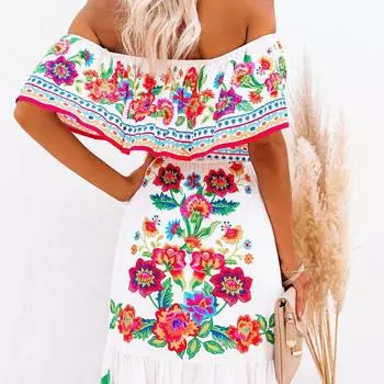 2025 новая весна и лето одно плечо с красным цветочным принтом длинное платье маятник женское S изумрудный