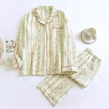 2025 Новая весна и осень женская пижама с длинным рукавом и длинными брюками комплект из двух предметов 100% хлопок кардиган милый домашний комплект одежды M зелёный