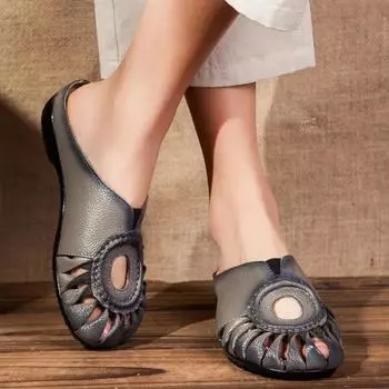 2025 Новая весна-лето, повседневная женская обувь с открытыми носками, плоские кожаные тапочки ручной работы из коровьей кожи в этническом стиле 35 чёрный