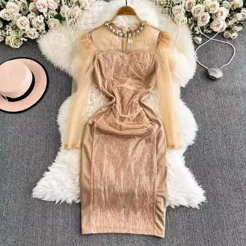 2025 Новая весна-лето Женские вечерние платья высокого класса с круглым вырезом и блестящими бриллиантами с длинным рукавом Тонкие длинные вечерние повседневные платья S шампанского