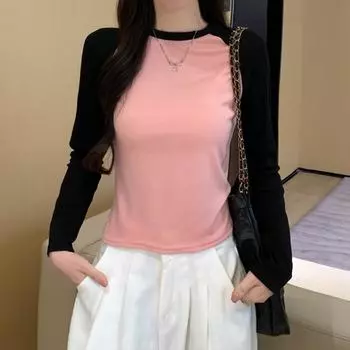 2025 новая весна осень длинный рукав О-образный вырез повседневная цветная строчка тонкая футболка мода чистый хлопок женские футболки женские топы y2k S