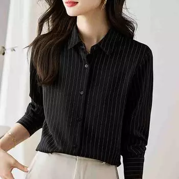 2025 Новая весна с длинным рукавом женская рубашка офисная женская отложной воротник черная белая полосатая блузка рубашка женские топы J742 S чёрный