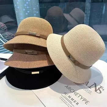 2025 новая вязаная панама женская простая с пряжкой на поясе солнцезащитная шляпа для бассейна весенне-летняя тонкая детская солнцезащитная шляпа M56-58cm хаки