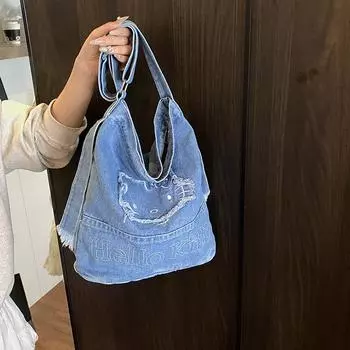 2025 новая высококачественная джинсовая сумка-ведро с милым котенком, большая вместительная переносная сумка на плечо, милая и классная сумка для девочек чёрный