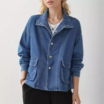 2025 Новая женская блузка, пальто, куртки, осень, повседневная джинсовая синяя винтажная верхняя одежда, длинный рукав, свободная синяя блузка на пуговицах One Size синий