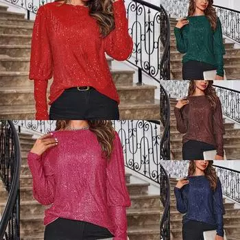 2025 Новая женская блузка свободного кроя с длинным рукавом и круглым вырезом в стиле дорожных поездок с пайетками Гламурная блузка с пайетками S красный
