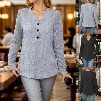 2025 Новая женская футболка с длинным рукавом из жареного теста с переплетениями, модная однотонная футболка для женщин S серый