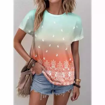 2025 новая женская футболка с круглым вырезом и короткими рукавами, летняя, градиентная, простая, с 3D-принтом, универсальная, свободная, повседневная, женская футболка S