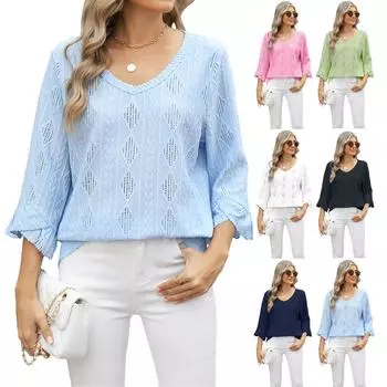2025 Новая женская футболка свободного кроя с V-образным вырезом и ромбовидным жаккардовым вырезом, рукавами-колокольчиками, повседневный топ на весну и лето S светло-синий