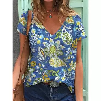 2025 Новая женская мода V-образный вырез короткий рукав цветочный 3D-принт узор S