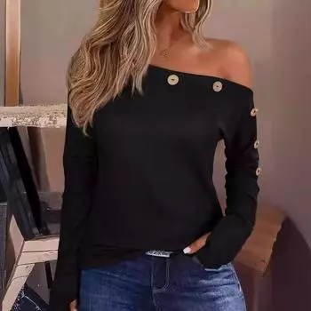 2025 Новая женская модная рубашка с длинным рукавом и открытыми плечами на пуговицах S чёрный