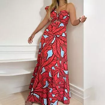 2025 новая женская одежда элегантное и сексуальное длинное платье с принтом и высокой талией на подтяжках S красный
