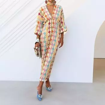 2025 новая женская одежда элегантный темперамент V-образный вырез с принтом рукава-фонарики длинное платье женщины S