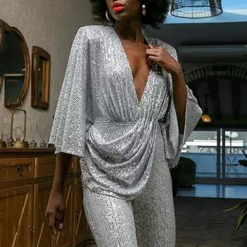 2025 новая женская одежда, блестящие сексуальные брюки-комбинезон с глубоким V-образным вырезом на спине S серебряный