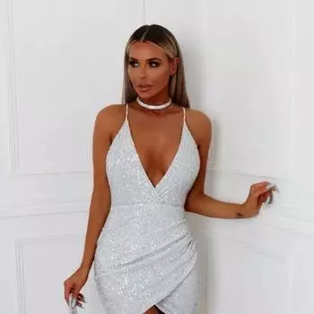 2025 Новая женская одежда Independent Station, белое сексуальное облегающее платье с глубоким V-образным вырезом и пайетками, весна S серебряный